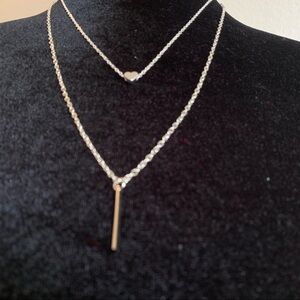 Silver dainty layered heart necklace set, minimalist bar heart
